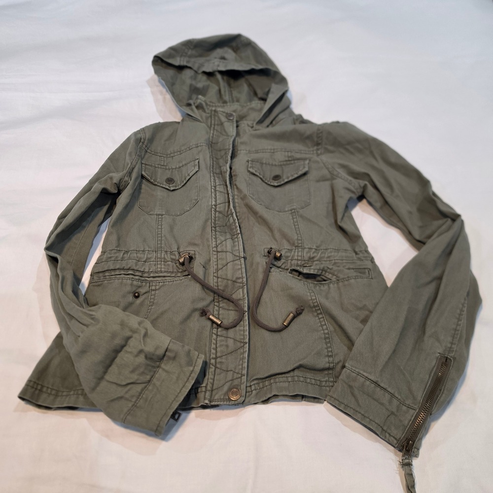 Aeropostale Utility Jacket Women Medium Olive Green Good Hooded Drawstring Waist